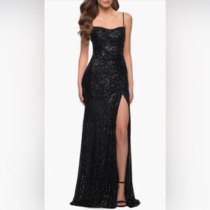 La Femme Black Sequin Prom Dress
